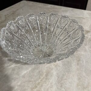 Round Cut Glass Bowl Decor serving leaded crystal Bohemian Queens Lace hobstars